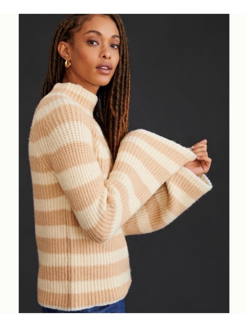 Maeve by Anthropologie Striped Bell-Sleeve Sweater in Beige and Cream